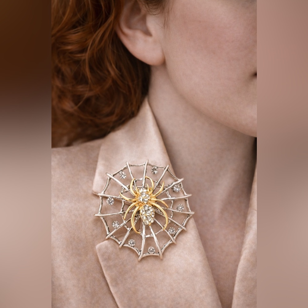 Spider Web Silver Crystal Brooch View 3